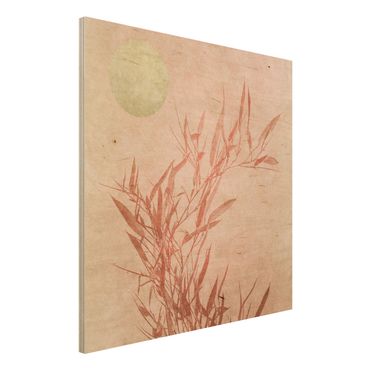 Holzbild - Goldene Sonne mit Rosa Bambus - Quadrat 1:1