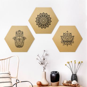 Hexagon Bild Alu-Dibond 3-teilig - Mandala Hamsa Hand Lotus Set auf Weiß