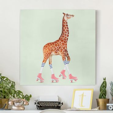 Leinwandbild - Jonas Loose - Giraffe mit Rollschuhen - Quadrat 1:1