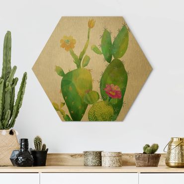 Hexagon Bild Alu-Dibond - Kaktusfamilie rosa gelb