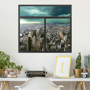 3D Wandtattoo - Fenster Schwarz Skyline New York im Gewitter