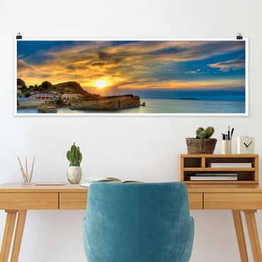 Poster - Sonnenuntergang über Korfu - Panorama Querformat
