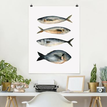 Poster - Vier Fische in Aquarell I - Hochformat 3:4