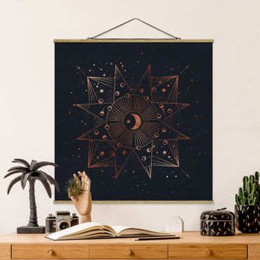 Stoffbild mit Posterleisten - Astrologie Mond Magie Blau Gold - Quadrat 1:1