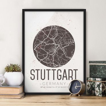 Bild mit Rahmen - Stadtplan Stuttgart - Retro - Hochformat 3:4