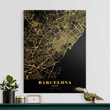 Leinwandbild Gold - Stadtplan Barcelona - Klassik Schwarz - Hochformat 3:4