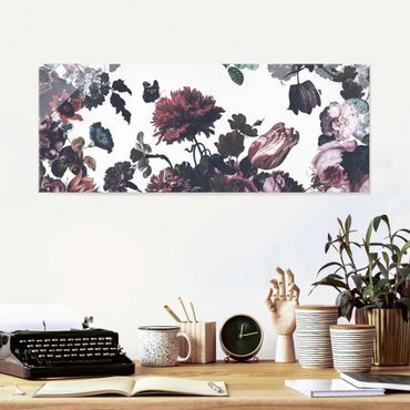 Glasbild - Altmeisterlicher Blumenrausch mit Rosen Bouquet - Panorama