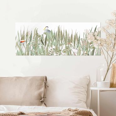 Glasbild - Flamingo und Storch mit Pflanzen - Panorama