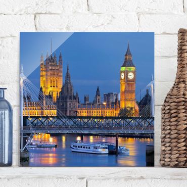 Glasbild - Big Ben und Westminster Palace in London bei Nacht - Quadrat 1:1