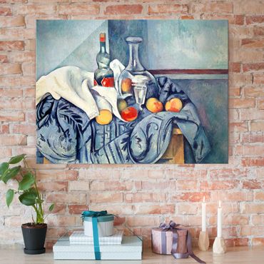 Glasbild - Kunstdruck Paul Cézanne - Stillleben mit Pfirsichen und Flaschen - Impressionismus Quer 4:3