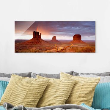 Glasbild - Monument Valley bei Sonnenuntergang - Panorama Quer