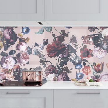 Küchenrückwand - Altmeisterliche Blüten mit Tulpen und Rosen auf Rosa