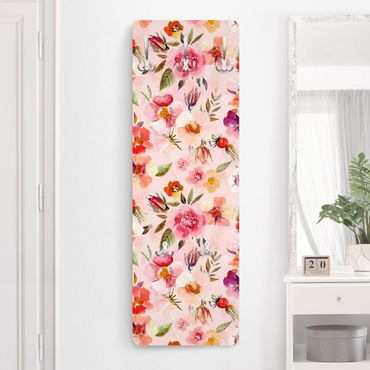 Klädhängare vägg träpanel - Watercolour Flowers On Light Pink