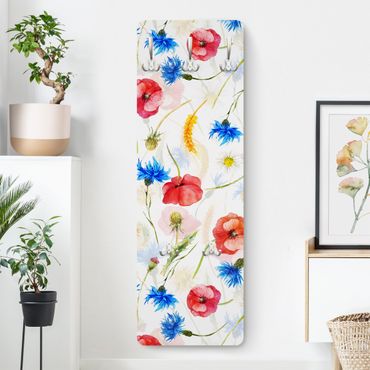 Klädhängare vägg träpanel - Watercolour Wild Flowers With Poppies