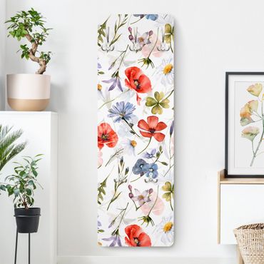 Klädhängare vägg träpanel - Watercolour Poppy With Cloverleaf