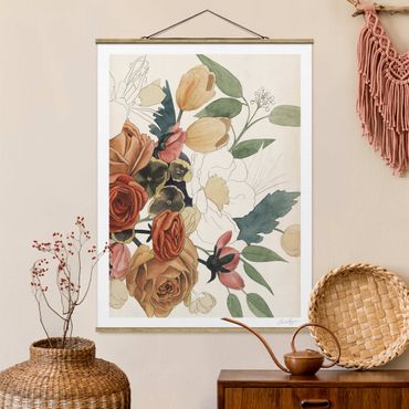 Stoffbild mit Posterleisten - Zeichnung Blumenbouquet in Rot und Sepia II - Hochformat 3:4