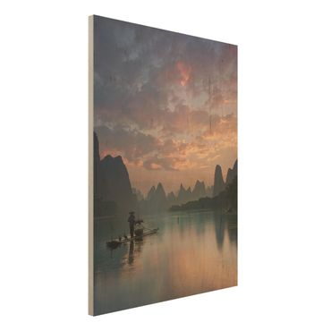 Holzbild - Sonnenaufgang über chinesischem Fluss - Hochformat 4:3