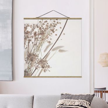 Stoffbild mit Posterleisten - Bouquet aus Ziergras und Blüten - Quadrat 1:1