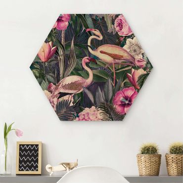 Hexagon Bild Holz - Bunte Collage - Pinke Flamingos im Dschungel