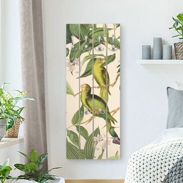 Wandgarderobe Holz - Vintage Collage - Papageien im Dschungel - Haken chrom Hochformat