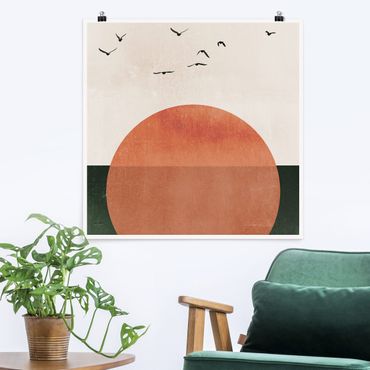 Poster - Vogelschwarm vor aufgehender Sonne - Quadrat 1:1