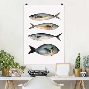 Poster - Vier Fische in Aquarell I - Hochformat 3:2