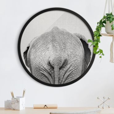 Rundes Gerahmtes Bild - Elefant von hinten Schwarz Weiß