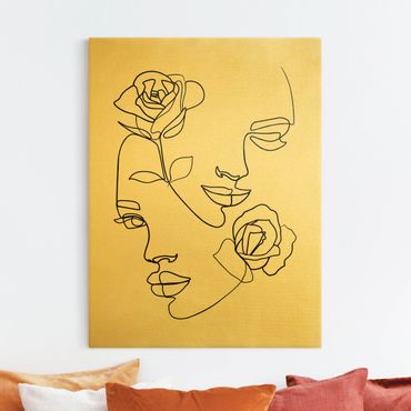 Leinwandbild Gold - Line Art Gesichter Frauen Rosen Schwarz Weiß - Hochformat 4:3