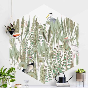 Hexagon Mustertapete selbstklebend - Flamingo und Storch mit Pflanzen
