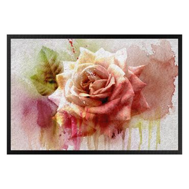 Fußmatte - Watercolor painting sketch with rose