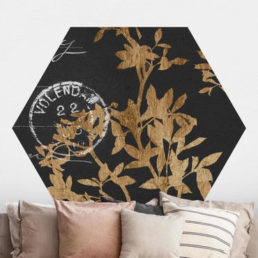 Hexagon Mustertapete selbstklebend - Goldene Blätter auf Mokka II