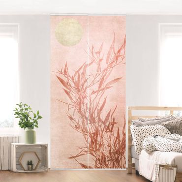 Schiebegardinen Set - Goldene Sonne mit Rosa Bambus - Flächenvorhang