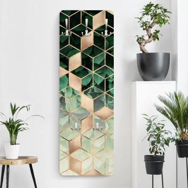 Klädhängare vägg träpanel - Green Leaves Golden Geometry