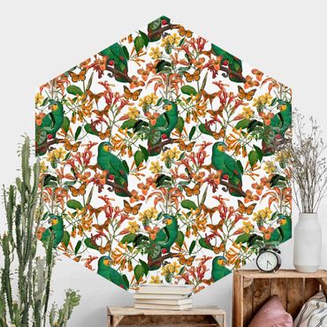 Hexagon Mustertapete selbstklebend - Grüne Papageien mit tropischen Schmetterlingen
