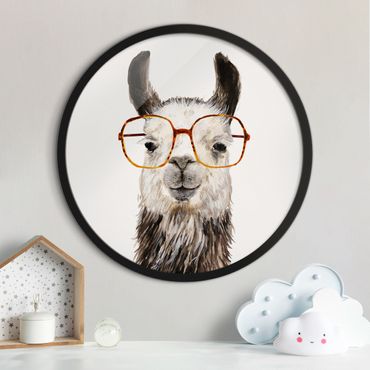 Rundes Gerahmtes Bild - Hippes Lama mit Brille IV
