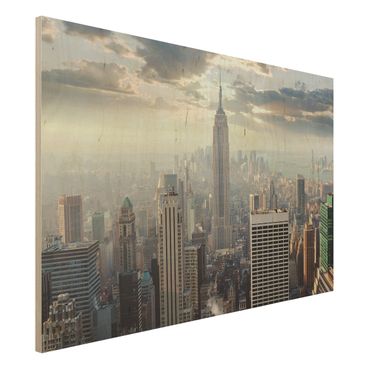 Holz Wandbild - Sonnenaufgang in New York - Quer 3:2