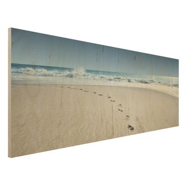 Holzbild Strand - Spuren im Sand - Panorama Quer