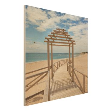 Holzbild Strand - Strandpfad zum Meer in Andalusien - Quadrat 1:1