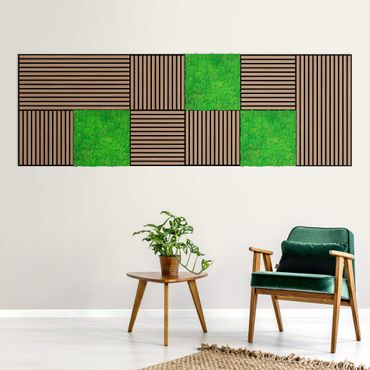 Akustiska paneler och mosspaneler - Wooden Wall Oak dark and Moss Wall grass green - Wall collage