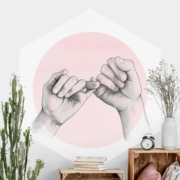 Hexagon Mustertapete selbstklebend - Illustration Hände Freundschaft Kreis Rosa Weiß