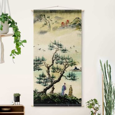 Gobeläng - Japanese Watercolour Drawing Pine Tree And Mountain Village