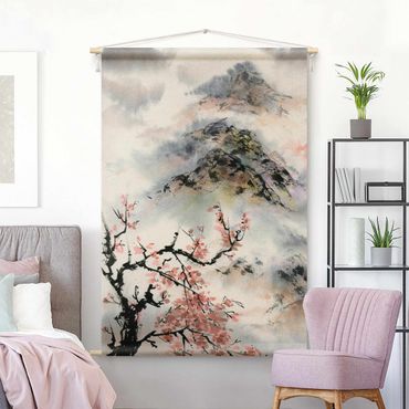 Gobeläng - Japanese Watercolour Drawing Cherry Tree And Mountain