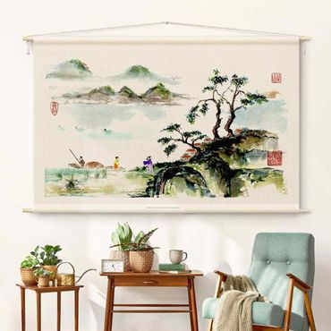 Gobeläng - Japanese Watercolour Drawing Lake And Mountains