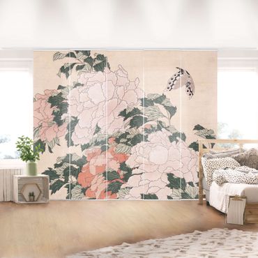 Schiebegardinen Set - Katsushika Hokusai - Rosa Pfingstrosen mit Schmetterling - Flächenvorhang