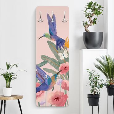 Klädhängare vägg träpanel - Hummingbirds and pink blossoms