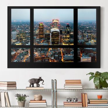 Leinwandbild - Fensterblick auf beleuchtete Skyline von London - Quer 3:2