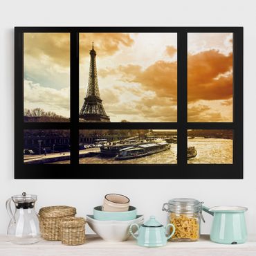Leinwandbild - Fensterblick - Paris Eiffelturm Sonnenuntergang - Quer 3:2