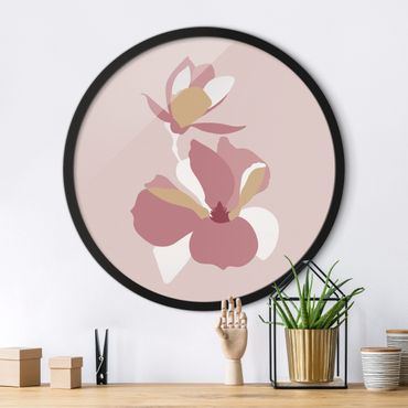 Rundes Gerahmtes Bild - Line Art Blüten Pastell Rosa