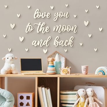 Väggdekoration trä 3D-bokstäver - Love you to the moon - Hearts