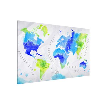 Magnettafel - Weltkarte Aquarell blau grün - Memoboard Querformat
